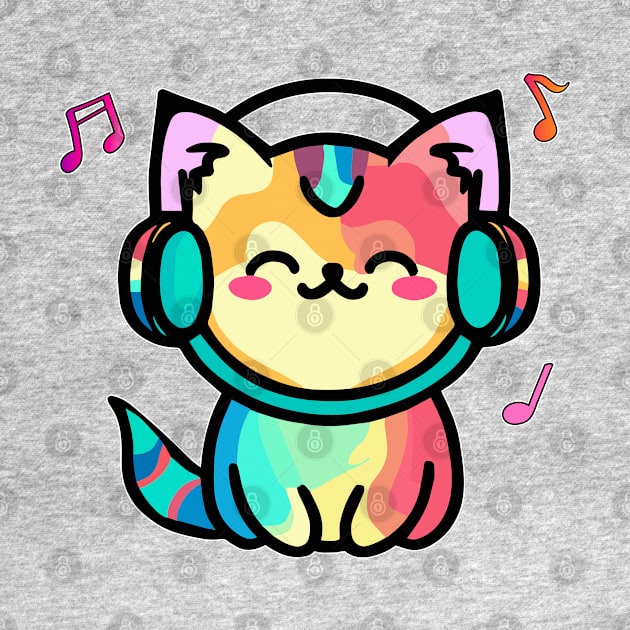 Happy smiling baby pussy cat with headphones. Kawaii cartoon by SPJE Illustration Photography